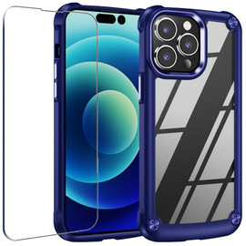 Tough Shield Snap-on Transparent Case and Tempered Glass Screen Protector for iPhone 14 Pro - Navy Blue