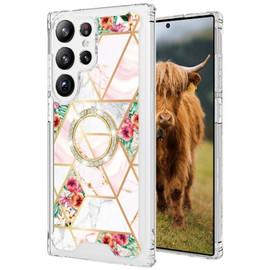 Shockproof Tough Snap-on Case with Ring Grip for Samsung Galaxy S23 Ultra - Marble Pink