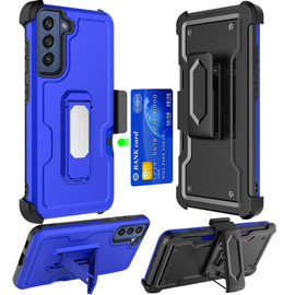 Ultra Rugged Hybrid Kickstand Case with Card Slot and Belt Clip Holster for Samsung Galaxy S23 Plus - Blue