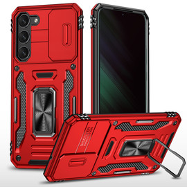 Military Grade Ring Holder Case with Camera Lens Cover for Samsung Galaxy S23 - Red
