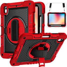 Military Grade 3-IN-1 Hybrid Armor Case with Hand and Shoulder Strap for iPad (10th Generation) - Red