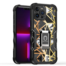 Military Grade Shockproof Hybrid Armor Case with Ring Grip for iPhone 14 Pro - Marble Black
