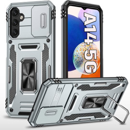Military Grade Ring Holder Case with Camera Lens Cover for Samsung Galaxy A14 5G - Grey