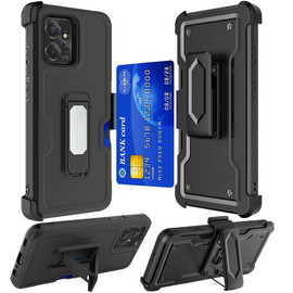 Ultra Rugged Hybrid Kickstand Case with Card Slot and Belt Clip Holster for Motorola Moto G Power 5G 2023 - Black