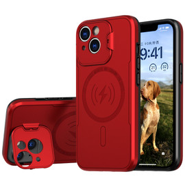 MagSafe Compatible Hybrid Case with Camera Ring Stand for iPhone 15 Plus - Red