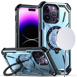 MagSafe Compatible Military Grade Hybrid Case with Kickstand Ring Holder for iPhone 15 Pro Max - Blue