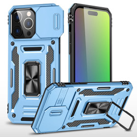 Military Grade Ring Holder Case with Camera Lens Cover for iPhone 15 - Light Blue