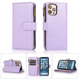 Leather Wallet Case with Zipper Pocket for iPhone 15 Pro Max - Lavender