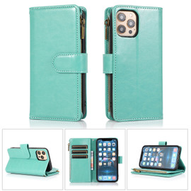 Leather Wallet Case with Zipper Pocket for iPhone 15 Pro Max - Teal