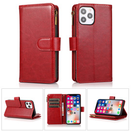 Leather Wallet Case with Zipper Pocket for iPhone 15 Plus - Red