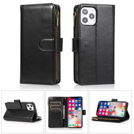 Leather Wallet Case with Zipper Pocket for iPhone 15 - Black