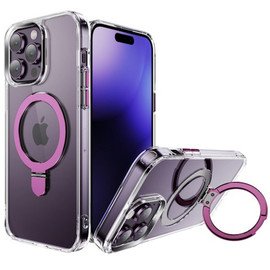HD Transparent Case with MagSafe Kickstand Ring Holder for iPhone 15 Pro - Pink