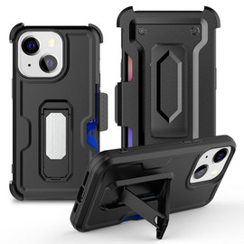 Ultra Rugged Hybrid Kickstand Case with Card Slot and Belt Clip Holster for iPhone 15 - Black