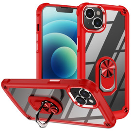 Tough Shield Snap-on Transparent Case with Ring Grip for iPhone 15 Plus - Red