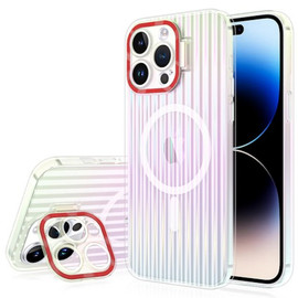 Iridescent Groove Case with MagSafe and Red Camera Ring Stand for iPhone 15 Pro Max