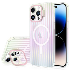 Iridescent Groove Case with MagSafe and Pink Camera Ring Stand for iPhone 15 Plus