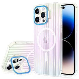 Iridescent Groove Case with MagSafe and Blue Camera Ring Stand for iPhone 15