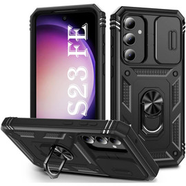 Military Grade Hybrid Case with Ring Grip and Camera Lens Protector for Samsung Galaxy S23 FE - Black