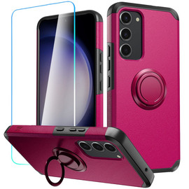 Shockproof Air Cushion Hybrid Case with Ring Grip and Tempered Glass Screen Protector for Samsung Galaxy S23 FE - Hot Pink