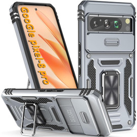 Military Grade Ring Holder Case with Camera Lens Cover for Google Pixel 8 Pro - Grey