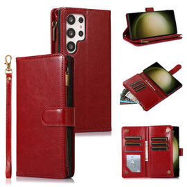 Leather Wallet Case with Zipper Pocket for Samsung Galaxy S24 Ultra - Red