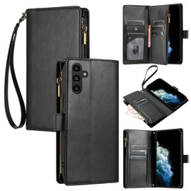 Leather Wallet Case with Zipper Pocket for Samsung Galaxy S24 - Black