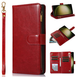 Leather Wallet Case with Zipper Pocket for Samsung Galaxy S24 - Red