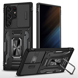 Military Grade Ring Holder Case with Camera Lens Cover for Samsung Galaxy S24 Ultra - Black