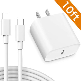 20W USB-C PD 3.0 Power Delivery Wall Charger with 10ft USB-C to USB-C Cable - White