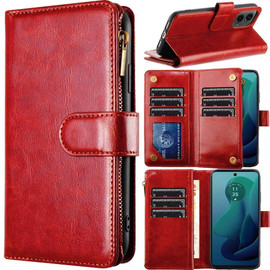 Leather Wallet Case with Zipper Pocket for Motorola Moto G 5G 2024 - Red