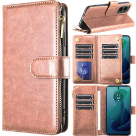 Leather Wallet Case with Zipper Pocket for Motorola Moto G 5G 2024 - Rose Gold