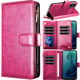 Leather Wallet Case with Zipper Pocket for Motorola Moto G 5G 2024 - Hot Pink