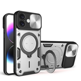 Superior Series Hybrid Case with MagSafe Ring Stand and Camera Lens Cover for iPhone 16 - Silver