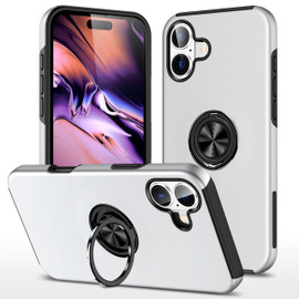 360 Rotating Ring Grip Hybrid Case for iPhone 16 - Silver