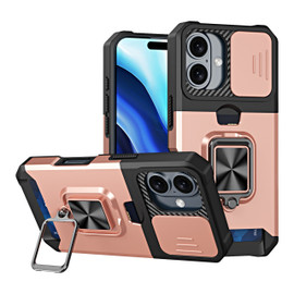 Military Grade All-In-One Ring Stand Card Case for iPhone 16 Plus - Rose Gold