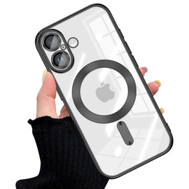 Electroplated Clear MagSafe Case with Camera Lens Protector for iPhone 16 - Black
