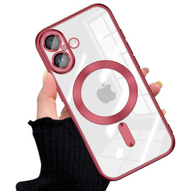 Electroplated Clear MagSafe Case with Camera Lens Protector for iPhone 16 - Red