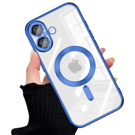 Electroplated Clear MagSafe Case with Camera Lens Protector for iPhone 16 Plus - Blue