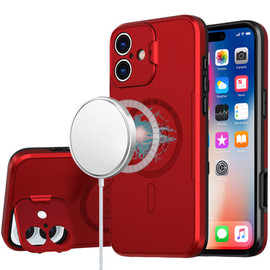MagSafe Compatible Hybrid Case with Camera Ring Stand for iPhone 16 - Red