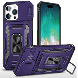 Military Grade Ring Holder Case with Camera Lens Cover for iPhone 16 Pro Max - Purple