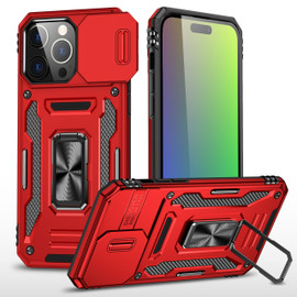 Military Grade Ring Holder Case with Camera Lens Cover for iPhone 16 Pro Max - Red