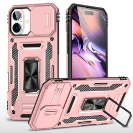 Military Grade Ring Holder Case with Camera Lens Cover for iPhone 16 - Rose Gold