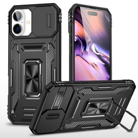 Military Grade Ring Holder Case with Camera Lens Cover for iPhone 16 Plus - Black