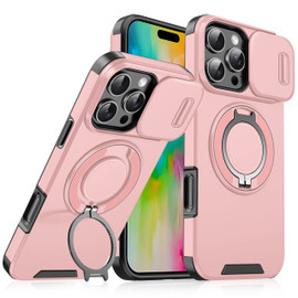 Dual Layer MagSafe Case with Rotating Stand and Privacy Camera Cover for iPhone 16 Pro - Pink