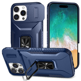 Combat Tough Series Ring Holder Case with Camera Lens Cover for iPhone 16 Pro - Blue