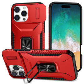 Combat Tough Series Ring Holder Case with Camera Lens Cover for iPhone 16 Pro - Red