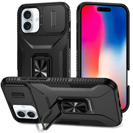 Combat Tough Series Ring Holder Case with Camera Lens Cover for iPhone 16 - Black