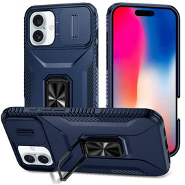Combat Tough Series Ring Holder Case with Camera Lens Cover for iPhone 16 - Blue