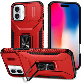 Combat Tough Series Ring Holder Case with Camera Lens Cover for iPhone 16 Plus - Red