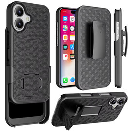 Shell Holster Kickstand Case with Spring Belt Clip for iPhone 16 - Black